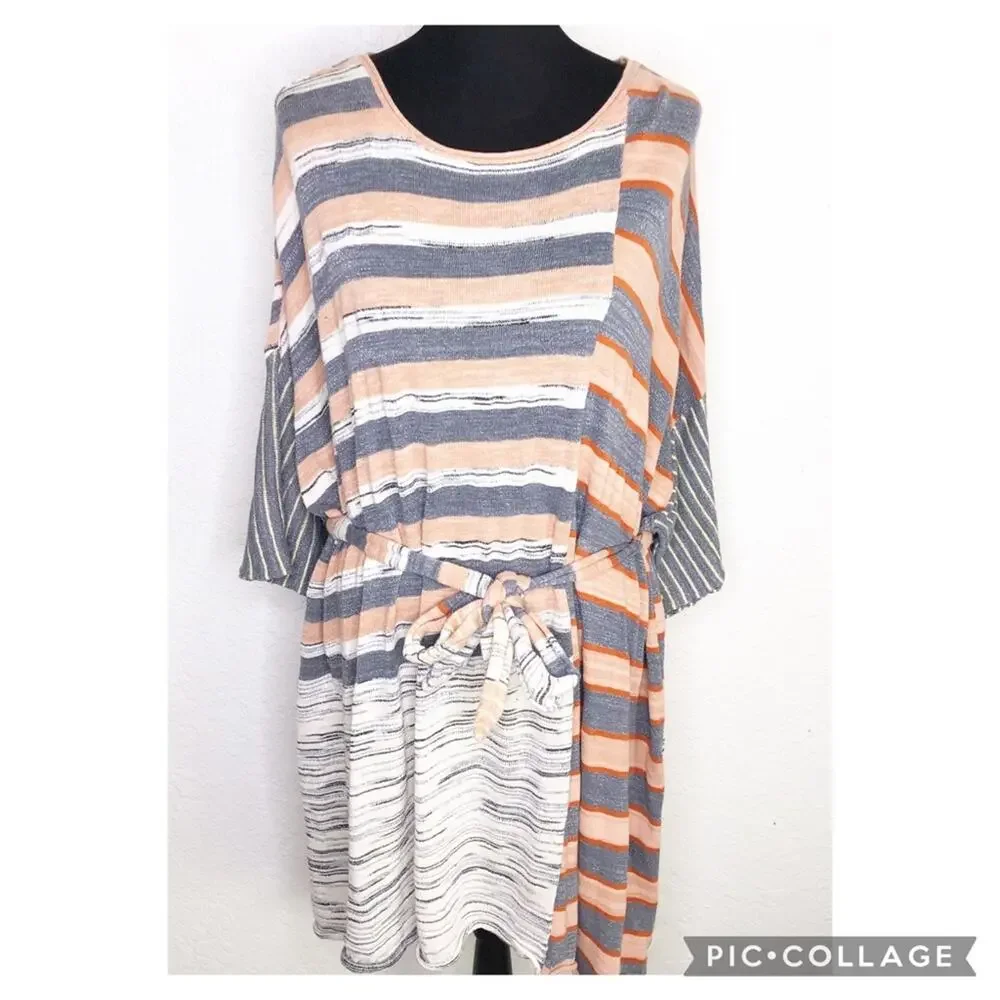 Free People Horizon‎ white blue orange mixed stripe belted knit dress size Small